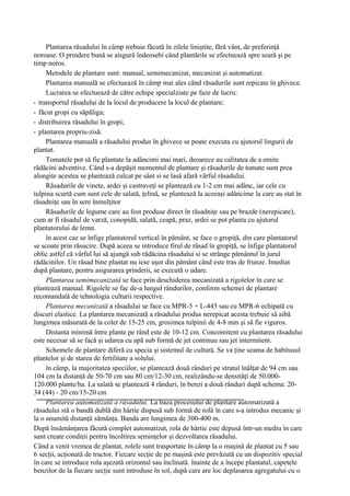 Plantarea răsadului în câmp trebuie făcută în zilele liniştite, fără vânt, de preferinţă
noroase. O prindere bună se aisgură îndeosebi când plantările se efectuează spre seară şi pe
timp noros.
     Metodele de plantare sunt: manual, semimecanizat, mecanizat şi automatizat.
     Plantarea manuală se efectuează în câmp mai ales când răsadurile sunt repicate în ghivece.
     Lucrarea se efectuează de către echipe specialziate pe faze de lucru:
- transportul răsadului de la locul de producere la locul de plantare;
- făcut gropi cu săpăliga;
- distribuirea răsadului în gropi;
- plantarea propriu-zisă.
     Plantarea manuală a răsadului produs în ghivece se poate executa cu ajutorul lingurii de
plantat.
     Tomatele pot să fie plantate la adâncimi mai mari, deoarece au calitatea de a emite
rădăcini adventive. Când s-a depăşit momentul de plantare şi răsadurile de tomate sunt prea
alungite acestea se plantează culcat pe sânt si se lasă afară vârful răsadului.
     Răsadurile de vinete, ardei şi castraveţi se plantează cu 1-2 cm mai adânc, iar cele cu
tulpina scurtă cum sunt cele de salată, ţelină, se plantează la aceeaşi adâncime la care au stat în
răsadniţe sau în sere înmulţitor
     Răsadurile de legume care au fost produse direct în răsadniţe sau pe brazde (nerepicate),
cum ar fi răsadul de varză, conopidă, salată, ceapă, praz, ardei se pot planta cu ajutorul
plantatorului de lemn.
     în acest caz se înfige plantatorul vertical în pământ, se face o gropiţă, din care plantatorul
se scoate prin răsucire. După aceea se introduce firul de răsad în gropiţă, se înfige plantatorul
oblic astfel că vârful lui să ajungă sub rădăcina răsadului si se strânge pământul în jurul
rădăcinilor. Un răsad bine plantat nu iese uşor din pământ când este tras de frunze. Imediat
după plantare, pentru asigurarea prinderii, se execută o udare.
     Plantarea semimecanizatâ se face prin deschiderea mecanizată a rigolelor în care se
plantează manual. Rigolele se fac de-a lungul rândurilor, conform schemei de plantare
recomandată de tehnologia culturii respective.
     Plantarea mecanizată a răsadului se face cu MPR-5 + L-445 sau cu MPR-6 echipată cu
discuri elastice. La plantarea mecanizată a răsadului produs nerepicat acesta trebuie să aibă
lungimea măsurată de la colet de 15-25 cm, grosimea tulpinii de 4-8 mm şi să fie viguros.
     Distanta minimă între plante pe rând este de 10-12 cm. Concomitent cu plantarea răsadului
este necesar să se facă şi udarea cu apă sub formă de jet continuu sau jet intermitent.
     Schemele de plantare diferă cu specia şi sistemul de cultură. Se va ţine seama de habitusul
plantelor şi de starea de fertilitate a solului.
     în câmp, la majoritatea speciilor, se plantează două rânduri pe stratul înălţat de 94 cm sau
104 cm la distanţă de 50-70 cm sau 80 cm/12-30 cm, realizându-se densităţi de 50.000-
120.000 plante/ha. La salată se plantează 4 rânduri, în benzi a două rânduri după schema: 20-
34 (44) - 20 cm/15-20 cm
     Plantarea automatizată a răsadului. La baza procesului de plantare automatizată a
răsadului stă o bandă dublă din hârtie dispusă sub formă de rolă în care s-a introdus mecanic şi
la o anumită distanţă sămânţa. Banda are lungimea de 300-400 m.
După însămânţarea făcută complet automatizat, rola de hârtie este depusă într-un mediu în care
sunt create condiţii pentru încoltirea seminţelor şi dezvoltarea răsadului.
Când a venit vremea de plantat, rolele sunt trasportate în câmp la o maşină de plantat cu 5 sau
6 secţii, acţionată de tractor. Fiecare secţie de pe maşină este prevăzută cu un dispozitiv special
în care se introduce rola aşezată orizontal sau înclinată. înainte de a începe plantatul, capetele
benzilor de la fiecare secţie sunt introduse în sol, după care are loc deplasarea agregatului cu o
 