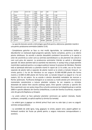 1    Tomate            25 IV- 15V    70/30     0,25       100         1 :400
                                     50/36
2    Ardei             5 - 15 V      70/15     1,00       100         1 : 100
3    Vinete            1 -IOV        70/30     1,00       100         1 : 100
4    Castraveţi        10-20 V       70/30     6,00       200-250     1:33,3; 1 : 41,6
5    Dovlecei          10-20 V       70/40     8,00       350-500     1 :43,7: 1:62,5
6    Pepeni galbeni    10-20 V       140/30    3-5        120-150     1 :30; 1 :40
7    Pepeni verzi      25 IV-IOV     192/150   3-5        150-200     1 : 40; 1:50
8    Fasole            25 IV-15 V    45-50     100-120    600-800     1 : 6; 1 :6,6
9    Mazăre            1-10 III      12,5      150-180    1200-1600   1 : 8; 1 : 8,8
10   Bame              15-20 V       70/30     40         700-800     1 :17,5; 1:20
11   Spanac            20-30 IX      37/15     20-25      600-900     1 : 30; 1 :36
12   Salată            20-30 III     37/30     1,5-2,0    400-500     1 :250; 1:266
13   Conopidă          15-25 III     70/40     0,3-0,35   200-250     1 : 666; 1 :714
14   Ridichi de lună   20 III-5 IV   70/25     12-15      600-800     1 :50; 1 :53
15   Usturoi           20-30 IX      24/5      600-800    4000-6000   1 : 6,6; 1 : 7,5

- La speciile bienale există o tehnologie specifică pentru obţinerea plantelor mamă si
una pentru producerea seminţelor (tabelul 13.4).

- Completarea golurilor se face cu mai multă rigurozitate, iar combaterea bolilor şi
dăunătorilor se realizează după programe speciale, foarte complexe, pentru a se obţine
plante sănătoase. Se acordă o atenţie deosebită combaterii buruienilor şi în special a
celor de carantină şi a celor care au seminţe asemănătoare cu ale plantelor de cultură si
care sunt greu de separat. La producerea seminţelor hibride se aplică o tehnologie
specială. De obicei plantele tată se seamănă mai devreme, în acelaşi timp şi după plantele
mamă (deci eşalonat) pentru a se asigura polenul necesar în procesul de hibridare. Plantele
tată se plantează alternativ cu plantele mamă în raport de 1:3 la ardei, sau se fac loturi
separate de plante tată şi separate de plante mamă ca la vinete şi tomate timpurii. La
vinete pentru 1 ha lot de hibridare se vor asigura 35.000- 40.000 plante din forma
mamă şi 12.000-15.000 plante din forma tată. La tomate timpurii se asigură la 1 ha soi
matern, 0,5 ha soi patern. Se va acorda o atenţie deosebită metodelor de marcare a
florilor polenizate. Purificarea biologică se va executa cu multă atenţie prin eliminarea la
momentele caracteristice a tuturor plantelor netipice. Se vor respecta cu stricteţe
distanţele de izolare între soiurile aceleiaşi specii, între speciile cultivate şi speciile din
flora spontană care vor putea impurifica culturile semincere (se îndepărtează pe o rază de
2000 m speciile sălbatice din familia Umbeliferae, si cele din familia Cruciferae, respectiv
cele din genurile Raphanus şi Sinapis).

- La unele culturi se face palisatul plantelor semincere pe spalieri (tomate, fasole
urcătoare, conopidă), se aplică copilitul şi cârnitul (la tomate).

- La ardeiul gras şi gogoşar se elimină primul fruct care nu este tipic şi care nu asigură
seminţe corespunzătoare.

- La varietăţile de ardei (gras, lung, gogoşar), la vinete, pepeni verzi, pepeni galbeni se
limitează numărul de fructe pe plantă pentru a asigura maturarea corespunzătoare a
acestora.
 