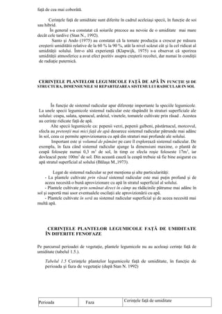 faţă de cea mai coborâtă.

       Cerinţele faţă de umiditate sunt diferite în cadrul aceleiaşi specii, în funcţie de soi
sau hibrid.
       În general s-a constatat că soiurile precoce au nevoie de o umiditate mai mare
decât cele tardive (Stan N., 1992).
         Santo şi Ando (1975) au constatat că la tomate producţia a crescut pe măsura
 creşterii umiditătii relative de la 60 % la 90 %, atât la nivel scăzut cât şi la cel ridicat al
 umidităţii solului. Într-o altă experienţă (Klapwijk, 1975) s-a observat că sporirea
 umidităţii atmosferice a avut efect pozitiv asupra creşterii recoltei, dar numai în condiţii
 de radiaţie puternică.



 CERINŢELE PLANTELOR LEGUMICOLE FAŢĂ DE APĂ ÎN FUNCŢIE ŞI DE
STRUCTURA, DIMENSIUNILE SI REPARTIZAREA SISTEMULUI RADICULAR IN SOL



        În funcţie de sistemul radicular apar diferenţe importante la speciile legumicole.
La unele specii legumicole sistemul radicular este răspândit în straturi superficiale ale
solului: ceapa, salata, spanacul, ardeiul, vinetele, tomatele cultivate prin răsad . Acestea
au cerinţe ridicate faţă de apă.
        Alte specii legumicole ca: pepenii verzi, pepenii galbeni, păstârnacul, morcovul,
sfecla au pretenţii mai mici faţă de apă deoarece sistemul radicular pătrunde mai adânc
în sol, ceea ce permite aprovizionarea cu apă din straturi mai profunde ale solului.
        Important este şi volumul de pământ pe care îl explorează sistemul radicular. De
exemplu, în faza când sistemul radicular ajunge la dimensiuni maxime, o plantă de
ceapă foloseşte numai 0,3 m3 de sol, în timp ce sfecla roşie foloseste 17m 3, iar
dovleacul peste 100m3 de sol. Din această cauză la ceapă trebuie să fie bine asigurat cu
apă stratul superficial al solului (Bălaşa M.,1973).

          Legat de sistemul radicular se pot menţiona şi alte particularităţi:
     - La plantele cultivate prin răsad sistemul radicular este mai puţin profund şi de
     aceea necesită o bună aprovizionare cu apă în stratul superficial al solului.
     - Plantele cultivate prin semănat direct în câmp au rădăcinile pătrunse mai adânc în
sol şi suportă mai usor eventualele oscilaţii ale aprovizionării cu apă.
     - Plantele cultivate în seră au sistemul radicular superficial şi de aceea necesită mai
multă apă.




     CERINŢELE PLANTELOR LEGUMICOLE FAŢĂ DE UMIDITATE
    ÎN DIFERITE FENOFAZE

Pe parcursul perioadei de vegetaţie, plantele legumicole nu au aceleaşi cerinţe faţă de
umiditate (tabelul 1.5.).

    Tabelul 1.5 Cerinţele plantelor legumicole faţă de umiditate, în funcţie de
    perioada şi faza de vegetaţie (după Stan N. 1992)




Perioada                     Faza                   Cerinţele faţă de umiditate
 