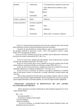 Sămânţă                    Embrionară            · La începutul fazei moderate şi apoi mari.
                                                  · Către sfârşitul fazei moderate şi apoi
                                                  reduse                                         I
                            Repaus                Reduse

                            Gerrninaţie           . Mari

 Creştere vegetativă        Răsad                 · Moderate

 Creştere generativă        Formarea mugurilor
                            floriferi             . Mari

                            Înflorire             · Moderate

                            Fructificare          · Mari şi apoi, la maturare, moderate




      În faza de sămânţă (pusă la germinat) este nevoie de o cantitate foarte mare de apă
pentru hidratarea acesteia şi pentru declanşarea proceselor biologice.
       Cantitatea de apă absorbită de seminţe diferă cu specia. Aceasta reprezintă 50 %
din greutatea seminţei la castraveţi şi varză ; 100 % din greutate la morcov, ceapă,
sfeclă; 150 % din greutate la mazăre.
    În faza de încolţire, plantele au nevoie de o cantitate mare de apă pentru continuarea
proceselor de creştere a germenului (90 % din C.t.a.).

       În faza de răsad tânăr plantele necesită cantitate mare de apă deoarece sistemul
raticular este insuficient format (80 - 90 % din C .t.a.).
      În faza de răsad imediat după repicat, plantele au nevoie de cantitate mare de apă
pentru refacerea sistemului radicular şi continuarea creşterii (80% din C.t.a.).
      În faza de răsad înainte de plantare, plantele au nevoie de o cantitate mai mică de
apă pentru adaptarea cu condiţiile urrnătoare (60 - 70 % din c.t.a.).
       În faza de creştere a plantelor, de înflorire şi fructificare; plantele cer o cantitate
mare de apă pentru crestere şi fructificare; în timpul înfloritului cerinţele pentru apă
sunt mici.
       Apar cerinţe caracteristice fiecărei specii, de exemplu: tomatele, ardeii si vinetele
au nevoie mare de apă în timpul fructificării, fasolea de grădină are nevoie mai mare de
apă în timpul înfloritului şi formării păstăilor, iar varza în timpul formării căpăţânilor.

  INFLUENŢA EXCESULUI                      ŞI   DEFICITULUI        DE     APĂ     ASUPRA
PLANTELOR LEGUMICOLE

       Pentru aprecierea excesului şi deficitului de apă la plantele legumicole se are în
vedere balanţul hidric.
                            ,
   Bh = T/A
       În mod normal Bh = 1.
       În practică se întâlnesc două situaţii:
   -exces de umiditate;
   - deficit de umiditate;
         Excesul de umiditate se consideră atunci când valoarea bilanţului hidric este
   subunitară, deci mai mică de 1.
 