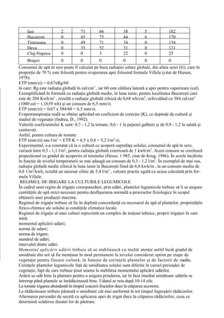 Iaşi               2           71         66            38           5             182
     Bucureşti          0           45         75            44           6             170
     Timişoara          0           49         71            34           0             154
     Deva               0           35         52            31           0             121
     Cluj-Napoca        0           0          3             22           0             25
     Braşov               0          0          0              0            0           0
Consumul de apă în sere poate fi calculat pe baza radiaţiei solare globale, din afara serei (G), care în
proporţie de 70 % este folosită pentru evaporarea apei folosind formula Villele (citat de Hiesen,
1978):
ETP (mm/zi) = 0,67xRg/60
în care: Rg este radiaţia globală în cal/cm2 , iar 60 este căldura latentă a apei pentru vaporizare (cal).
Exemplificând în formulă cu radiaţia globală medie, în luna iunie, pentru localitatea Bucureşti care
este de 204 Kwh/m2 , rezultă o radiaţie globală zilnică de 0,68 wh/cm2, echivalând cu 584 cal/cm2
(1000 cal = 1,1639 wh) şi un consum de 6,5 mm/zi.
ETP (mm/zi) = 0,67 x 584/60 = 6,5 mm/zi.
Evapotranspiraţia reală se obţine aplicând un coeficient de corecţie (K), ce depinde de cultură şi
stadiul de vegetaţie (Indrea, D., 1992).
Valorile coeficientului K sunt: 0,7 - 1,2 la tomate, 0,6 - 1 la pepenii galbeni şi de 0,9 - 1,2 la salată şi
castraveţi.
Astfel, pentru cultura de tomate:
ETP (mm/zi) sau l/m2 = ETP.K = 6,5 x 0,8 = 5,2 l/m2/zi.
Experimental, s-a constatat că la o cultură ce acoperă suprafaţa solului, consumul de apă în sere,
variază între 0,5 - 1,1 l/m2, pentru radiaţia globală exterioară de 1 kwh/m2. Acest consum se corelează
proporţional cu gradul de acoperire al terenului (Hesse, 1 985, citat de Krug, 1986). În serele încălzite
în funcţie de nivelul temperaturii se mai adaugă un consum de 0,3 - 1,2 l/m2. În exemplul de mai sus,
radiaţia globală medie zilnică în luna iunie la Bucureşti fiind de 6,8 kwh/m , la un consum mediu de
0,8 1/m2/kwh, rezultă un necesar zilnic de 5,4 l/m2 , valoare practic egală cu aceea calculată prin for-
mula Villele.
 REGIMUL DE IRIGARE LA CULTURILE LEGUMICOLE
În cadrul unui regim de irigaţie corespunzător, prin udări, plantelor legumicole trebuie să li se asigure
cantităţile de apă strict necesare pentru desfăşurarea normală a proceselor fiziologice în scopul
obţinerii unei producţii maxime.
Regimul de irigaţie trebuie să fie în deplină concordanţă cu necesarul de apă al plantelor, proprietăţile
fizico-chimice ale solului şi condiţiile climatice locale.
Regimul de irigaţie al unei culturi reprezintă un complex de noţiuni tehnice, proprii irigaţiei în care
intră:
momentul aplicării udării;
norma de udare;
norma de irigare;
numărul de udări;
intervalul dintre udări.
Momentul aplicării udării trebuie să se stabilească cu multă atenţie astfel încât gradul de
umiditate din sol să fie menţinut în mod permanent la nivelul considerat optim pe etape de
vegetaţie pentru fiecare cultură, în funcţie de cerinţele plantelor şi de factorii de mediu.
Cerinţele plantelor legumicole faţă de umiditatea solului sunt diferite în cursul perioadei de
vegetaţie, fapt de care trebuie ţinut seama la stabilirea momentului aplicării udărilor.
Ardeii se udă bine la plantare pentru a asigura prinderea, iar în faza imediat următoare udările se
întrerup până plantele se înrădăcinează bine. Udatul se reia după 10-14 zile.
La tomate irigarea abundentă în timpul coacerii fructelor duce la crăparea acestora.
La rădăcinoase trebuie păstrată o umiditate cât mai uniformă în tot timpul îngroşării rădăcinilor.
Alternarea perioadei de secetă cu aplicarea apei de irigat duce la crăparea rădăcinilor, ceea ce
determină scăderea duratei lor de păstrare.
 