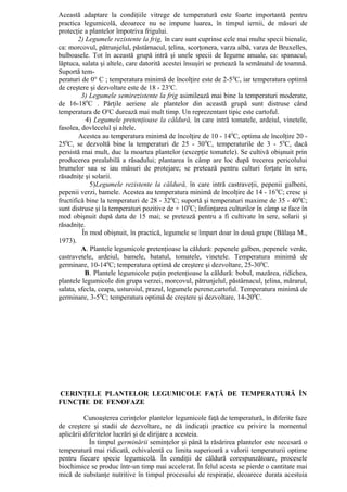 Această adaptare la condiţiile vitrege de temperatură este foarte importantă pentru
practica legumicolă, deoarece nu se impune luarea, în timpul iernii, de măsuri de
protecţie a plantelor împotriva frigului.
        2) Legumele rezistente la frig, în care sunt cuprinse cele mai multe specii bienale,
ca: morcovul, pătrunjelul, păstârnacul, ţelina, scorţonera, varza albă, varza de Bruxelles,
bulboasele. Tot în această grupă intră şi unele specii de legume anuale, ca: spanacul,
lăptuca, salata şi altele, care datorită acestei însuşiri se pretează la semănatul de toamnă.
Suportă tem-
peraturi de 0° C ; temperatura minimă de încolţire este de 2-5 0C, iar temperatura optimă
de creştere şi dezvoltare este de 18 - 23oC.
         3) Legumele semirezistente la frig asimilează mai bine la temperaturi moderate,
de 16-180C . Părţile aeriene ale plantelor din această grupă sunt distruse când
temperatura de OoC durează mai mult timp. Un reprezentant tipic este cartoful.
           4) Legumele pretenţioase la căldură, în care intră tomatele, ardeiul, vinetele,
fasolea, dovlecelul şi altele.
        Acestea au temperatura minimă de încolţire de 10 - 140C, optima de încolţire 20 -
250C, se dezvoltă bine la temperaturi de 25 - 30 0C, temperaturile de 3 - 5 0C, dacă
persistă mai mult, duc la moartea plantelor (excepţie tomatele). Se cultivă obişnuit prin
producerea prealabilă a răsadului; plantarea în câmp are loc după trecerea pericolului
brumelor sau se iau măsuri de protejare; se pretează pentru culturi forţate în sere,
răsadniţe şi solarii.
             5)Legumele rezistente la căldură, în care intră castraveţii, pepenii galbeni,
pepenii verzi, bamele. Acestea au temperatura minimă de încolţire de 14 - 16 0C; cresc şi
fructifică bine la temperaturi de 28 - 320C; suportă şi temperaturi maxime de 35 - 400C;
sunt distruse şi la temperaturi pozitive de + 100C; înfiinţarea culturilor în câmp se face în
mod obişnuit după data de 15 mai; se pretează pentru a fi cultivate în sere, solarii şi
răsadniţe.
          În mod obişnuit, în practică, legumele se împart doar în două grupe (Bălaşa M.,
1973).
         A. Plantele legumicole pretenţioase la căldură: pepenele galben, pepenele verde,
castravetele, ardeiul, bamele, batatul, tomatele, vinetele. Temperatura minimă de
germinare, 10-140C; temperatura optimă de creştere şi dezvoltare, 25-300C.
           B. Plantele legumicole puţin pretenţioase la căldură: bobul, mazărea, ridichea,
plantele legumicole din grupa verzei, morcovul, pătrunjelul, păstârnacul, ţelina, mărarul,
salata, sfecla, ceapa, usturoiul, prazul, legumele perene,cartoful. Temperatura minimă de
germinare, 3-50C; temperatura optimă de creştere şi dezvoltare, 14-200C.




CERINŢELE PLANTELOR LEGUMICOLE FAŢĂ DE TEMPERATURĂ ÎN
FUNCŢIE DE FENOFAZE

          Cunoaşterea cerinţelor plantelor legumicole faţă de temperatură, în diferite faze
de creştere şi stadii de dezvoltare, ne dă indicaţii practice cu privire la momentul
aplicării diferitelor lucrări şi de dirijare a acesteia.
            În timpul germinării seminţelor şi până la răsărirea plantelor este necesară o
temperatură mai ridicată, echivalentă cu limita superioară a valorii temperaturii optime
pentru fiecare specie legumicolă. În condiţii de căldură corespunzătoare, procesele
biochimice se produc într-un timp mai accelerat. În felul acesta se pierde o cantitate mai
mică de substanţe nutritive în timpul procesului de respiraţie, deoarece durata acestuia
 