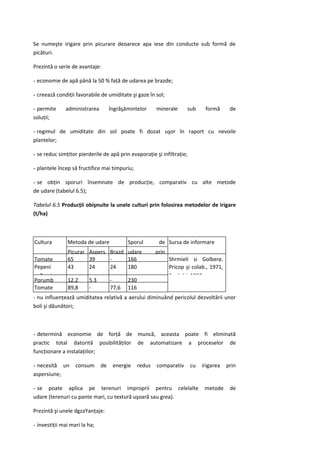 Se numeşte irigare prin picurare deoarece apa iese din conducte sub formă de
picături.

Prezintă o serie de avantaje:

- economie de apă până la 50 % faţă de udarea pe brazde;

- creează condiţii favorabile de umiditate şi gaze în sol;

- permite     administrarea         îngrăşămintelor    minerale     sub       formă      de
soluţii;

- regimul de umiditate din sol poate fi dozat uşor în raport cu nevoile
plantelor;

- se reduc simţitor pierderile de apă prin evaporaţie şi infiltraţie;

- plantele încep să fructifice mai timpuriu;

- se obţin sporuri însemnate de producţie, comparativ cu alte metode
de udare (tabelul 6.5);

Tabelul 6.5 Producţii obişnuite la unele culturi prin folosirea metodelor de irigare
(t/ha)



Cultura        Metoda de udare      Sporul    de Sursa de informare
               Picurar Aspers Brazd udare la prin
                                    recoltă
 Tomate        65      39     -     166           Shrmieli şi Golberg,
 Pepeni        43      24     24    180           Pricop şi colab., 1971,
 galbeni                                          Saviţchi, 1982
 Porumb        12,2    5,3    -     230
 Tomate        89,8    -      77,6 116
-solarinfluenţează umiditatea relativă a aerului diminuând pericolul dezvoltării unor
  nu
boli şi dăunători;



- determină economie de forţă de muncă, aceasta poate fi eliminată
practic total datorită posibilităţilor de automatizare a proceselor de
funcţionare a instalaţiilor;

- necesită un      consum      de    energie   redus   comparativ       cu   irigarea   prin
aspersiune;

- se poate aplica pe terenuri improprii pentru celelalte                      metode     de
udare (terenuri cu pante mari, cu textură uşoară sau grea).

Prezintă şi unele dgzaYanţaje:

- investiţii mai mari la ha;
 