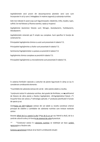 Ingrăsămintele verzi provin din descompunerea plantelor verzi care sunt
încorporate în sol şi care-1 îmbogăţesc în materie organică şi substanţe nutritive.

Cele mai indicate în acest scop sunt leguminoasele: măzăriche, trifoi, mazăre, Iupin,
sulfină. Se mai folosesc şi floarea soarelui, rapiţa şi muştarul.

îngrăşăminte bacteriene folosite sunt: Nitragin, Azotobacterin, Fosfobacterin,
Silicobacterin.

Ingrăsămintele minerale pot fi simple sau complexe. Sunt specifice în funcţie de
conţinutul lor.

Principalele îngrăşăminte chimice cu azot sunt prezentate în tabelul 7.2.

Principalele îngrăşăminte cu fosfor sunt prezentate în tabelul 7.3.

Sortimentul îngrăşămintelor cu potasiu se prezintă în tabelul 7.4.

îngrăşăminte chimice complexe se prezintă în tabelul 7.5.

Principalele îngrăşăminte cu microelemente sunt prezentate în tabelul 7.6.




în vederea fertilizării raţionale a culturilor de plante legumicole în câmp se iau în
considerare următoarele elemente:

^•cantităţile de substanţe extrase din sol de către plante odată cu recolta;

^conţinutul solului în substanţe nutritive, deci gradul de fertilitate; ««•■coeficientul
de folosire de către plante a fiecărui îngrăşământ; <0>îngrăşământul folosit; <*r
însuşirile fizice ale solului; j*-tehnologia aplicată; «^ producţia planificată în funcţie
de specie şi soi.

Cantitatea de înfţrnxQfnmtp extrase din sol odată cu recolta constituie criteriul
principal de stabilire a cantităţilor de substanţe nutritive care trebuie restituite
solului.

Aceasta diferă de la o speeje la alta (chiar de la un soi sau hibrid la altul), de la o
zonă de cultură la alta şi în funcţie de sistemul de cultură practicat.

~*     ""Conţinutul solului în substanţe nutritive se stabileşte pe baza cartării
agrocrnmice a fiecărei sole.

Cartarea agrochimică trebuie să se facă în următoarele situaţii:
 
