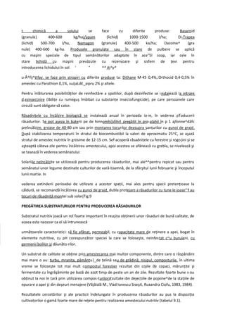 t       chimică     a        solului     se  face        cu     diferite      produse:    Basarnid
(granule)       400-600          kg/haj/apam    (lichid)      1000-1500         l/ha;    Di-Trapex
(lichid)    500-700      l/ha,     Nemagon   (granule)      400-500      ka/ha;    Dazome^     (gra
nule) 400-600 kg-ha. Produsele granulate sau în stare de pulbere se aplică
cu maşini speciale de tipul semănătorilor adaptate în ace"5l scop, iar cele în
stare lichidă cu maşini prevăzute cu rezervoare şi sisfem de ţevi pentru
introducerea lichidului în sol. '        °   ^^ jţj^y^

u-Ă^fij^ttfay. se face prin stropiri cu diferite produse ta: Dithane M-45 0,4%;.Orthocid 0,4-0,5% în
amestec cu Parathion 0,1%, suJjaLd£_aipru 2% şi altele.

Pentru înlăturarea posibilităţilor de reinfectâre a spatiilor, după dezinfectie se instalează la intrare
d.ezinjecţmre (lădiţe cu rumeguş îmbibat cu substanţe insectofungicide), pe care persoanele care
circulă sunt obligate să calce.

Răsadniţele cu încălzire biologică se instalează anual în perioada ia-ie, în vederea pToducerii
răsadurilor. Se pot aşeza în baterii pe de hinnomhi]sfihrl; pregătit în prp-alahil în p 1 ajfonne^dâfc
preîncălzire, groase de 40-80 cm sau prin montarea tocurilor deasupra şanţurilor cu gunoi de grajd.
După stabilizarea temperaturii în stratul de biocombustibil la valori de aproximativ 25^C, se aşază
stratul de amestec nutritiv în grosime de 12-15 cm. Sef acoperă răsadniţele cu ferestre şi rogo jini şi se
aşteaptă câteva zile pentru încălzirea amestecului, apoi acestea se afânează cu grebla, se nivelează şi
se tasează în vederea semănatului:

Solariile neîncălzite se utilizează pentru producerea răsadurilor, mai ale^^pentru repicat sau pentru
semănatul unor legume destinate culturilor de vară-toamnă, de la sfârşitul lunii februarie şi începutul
lunii martie. In

vederea extinderii perioadei de utilizare a acestor spaţii, mai ales pentru specii pretenţioase la
căldură, se recomandă încălzirea cu gunoi de grajd, dubla protejare a răsadurilor cu tune le joase"'f au
tocuri de răsadniţă montei sub solarjTig.9

PREGĂTIREA SUBSTRATURILOR PENTRU PRODUCEREA RĂSADURILOR

Substratul nutritiv joacă un rol foarte important în reuşita obţinerii unor răsaduri de bună calitate, de
aceea este necesar ca el să întrunească

următoarele caracteristici: să fie afânat, permeabil, cu capacitate mare de reţinere a apei, bogat în
elemente nutritive, cu pH corespunzător speciei la care se foloseşte, neinfestat c~u buruieni, cu
germenii bolilor şi dăunăto-rilor.

Un substrat de calitate se obţine prin amestecarea mai multor componente, dintre care o răspândire
mai mare o au: turba, mraniţa, pământu|_de ţelină sau de grădină, nisipul, composturile. în ultima
vreme se foloseşte tot mai mult compostul forestier rezultat din cojile de copaci, mărunţite şi
fermentate cu îngrăşăminte pe bază de azot timp de peste un an de zile. Rezultate foarte bune s-au
obţinut la noi în ţară prin utilizarea compos-turilorj£zultate din dejecţiile de pojxine^de la staţiile de
epurare a apei şi din deşeuri menajere (Vâjâială M., Vlad Ionescu Siseşti, Ruxandra Ciofu, 1983, 1984).

Rezultatele cercetărilor şi ale practicii îndelungate în producerea răsadurilor au pus la dispoziţia
cultivatorilor o gamă foarte mare de reţete pentru realizarea amestecului nutritiv (tabelul 9.1).
 
