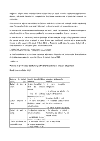 Pregătirea propriu-zisă a amestecurilor se face din timp (de obicei toamna) şi comportă operaţiuni de
cernere, mărunţire, dezinfecţie, omogenizare. Pregătirea amestecurilor se poate face manual sau
mecanizat.

Pentru culturile legumicole din câmp se folosesc amestecuri formate din mraniţă, pământ de ţelină şi
nisip. Pentru culturile din sere, solarii şi timpurii în câmp, turba intra în proporţie mai mare.

în amestecurile pentru castraveţi se foloseşte mai multă turbă. De asemenea, în amestecurile pentru
cuburile nutritive se foloseşte maj,multă turbă pentru.op. acestea să nu fie prea compacte.

în amestecurile în care mraniţa intră în proporţie mai mică se pot adăuga şi îngrăşămintele chimice,
dar trebuie atenţie să nu se ajungă la exces de azot care debilitează plantele. pH-ui amestecurilor
trebuie să aibă valoare slab acidă (6-6,5). Când se foloseşte turbă roşie, la aceasta trebuie să se
corecteze reacţia în funcţie de specia la care se foloseşte.

5. SEMĂNATUL ÎN VEDEREA PRODUCERII RĂSADURILOR

Se face în mod diferit, în funcţie de variantele tehnologice de producere a răsadurilor determinate de
destinaţia acestora pentru anumite sisteme de cultură (tabelul 9.2).

Tabelul 9.2

Variante de producere a răsadurilor pentru diferite sisteme de cultivare a legumelor

(După Ruxandra Ciofu, 1995)



Sistemul de cultură Condiţii şi modalităţi de producere a răsadurilor
pentru           care Semănat                   Repicat
Culturi de sere şi -în sere înmulţitor - în -în         sere    îmnulţilor    -
solarii               strat     de      amestec obligatoriu
                      nutritiv
                                                - în ghivece de plaslic - în
                      - des în vederea cuburi nutritive mari
                      repicatului (1000-1500
                                                (cu latura de 10-12 cm)
                      fire/m.p.)
Culturi timpurii în - în sere înmulţitor, - în răsadniţe calde şi solarii
câmp                  răsadniţe calde, sau încălzite - obligatoriu
                      solarii încălzite
                                                - în cuburi nutritive cu latura
Culturi de vară în - în răsadniţe calde sau - în răsadniţe şi solarii -
câmp                  solarii neîncălzite       facultativ, de obicei nu se
                                                repică, pentru
                      - rar (400-600 fire/m2)
                      (pentru suprafeţe mici
Culturi succesive de - în răsadniţe reci sau - nu se efectuează
toamnă în câmp        pe straturi amenajate -
                      rar (400-600 fîre/m2)
 