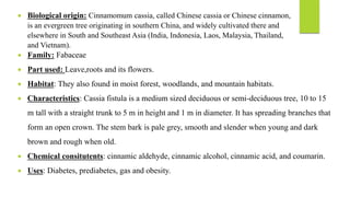  Biological origin: Cinnamomum cassia, called Chinese cassia or Chinese cinnamon,
is an evergreen tree originating in southern China, and widely cultivated there and
elsewhere in South and Southeast Asia (India, Indonesia, Laos, Malaysia, Thailand,
and Vietnam).
 Family: Fabaceae
 Part used: Leave,roots and its flowers.
 Habitat: They also found in moist forest, woodlands, and mountain habitats.
 Characteristics: Cassia fistula is a medium sized deciduous or semi-deciduous tree, 10 to 15
m tall with a straight trunk to 5 m in height and 1 m in diameter. It has spreading branches that
form an open crown. The stem bark is pale grey, smooth and slender when young and dark
brown and rough when old.
 Chemical consitutents: cinnamic aldehyde, cinnamic alcohol, cinnamic acid, and coumarin.
 Uses: Diabetes, prediabetes, gas and obesity.
 