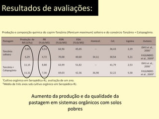 Resultados de avaliações:
Aumento da produção e da qualidade da
pastagem em sistemas orgânicos com solos
pobres
 