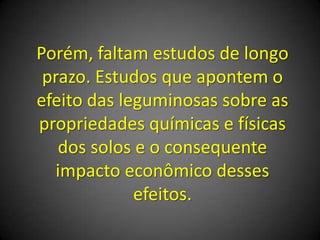 Porém, faltam estudos de longo
prazo. Estudos que apontem o
efeito das leguminosas sobre as
propriedades químicas e físicas
dos solos e o consequente
impacto econômico desses
efeitos.
 