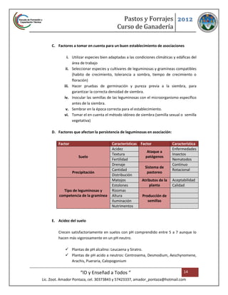Pastos y Forrajes 2012
                                            Curso de Ganadería

     C. Factores a tomar en cuenta para un buen establecimiento de asociaciones

              i. Utilizar especies bien adaptadas a las condiciones climáticas y edáficas del
                 área de trabajo
             ii. Seleccionar especies y cultivares de leguminosas y gramíneas compatibles
                 (habito de crecimiento, tolerancia a sombra, tiempo de crecimiento o
                 floración)
            iii. Hacer pruebas de germinación y pureza previa a la siembra, para
                 garantizar la correcta densidad de siembra.
            iv. Inocular las semillas de las leguminosas con el microorganismo específico
                 antes de la siembra.
             v. Sembrar en la época correcta para el establecimiento.
            vi. Tomar el en cuenta el método idóneo de siembra (semilla sexual o semilla
                 vegetativa)

     D. Factores que afectan la persistencia de leguminosas en asociación:

         Factor                          Características Factor               Característica
                                         Acidez                               Enfermedades
                                                             Ataque a
                                         Textura                              Insectos
                     Suelo                                  patógenos
                                         Fertilidad                           Nematodos
                                         Drenaje                              Continuo
                                                            Sistema de
                                         Cantidad                             Rotacional
                  Precipitación                              pastoreo
                                         Distribución
                                         Matojos          Atributos de la     Aceptabilidad
                                         Estolones             planta         Calidad
           Tipo de leguminosas y         Rizomas
         competencia de la gramínea      Altura           Producción de
                                         Iluminación          semillas
                                         Nutrimentos


     E. Acidez del suelo

         Crecen satisfactoriamente en suelos con pH comprendido entre 5 a 7 aunque lo
         hacen más vigorosamente en un pH neutro.

             Plantas de pH alcalino: Leucaena y Siratro.
             Plantas de pH acido a neutros: Centrosema, Desmodium, Aeschynomene,
              Arachis, Pueraria, Calopogonium

                      “ID y Enseñad a Todos “                                        14
Lic. Zoot. Amador Pontaza, cel. 30373843 y 57423337, amador_pontaza@hotmail.com
 