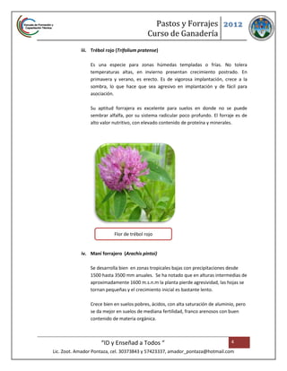 Pastos y Forrajes 2012
                                           Curso de Ganadería
            iii. Trébol rojo (Trifolium pratense)

                Es una especie para zonas húmedas templadas o frías. No tolera
                temperaturas altas, en invierno presentan crecimiento postrado. En
                primavera y verano, es erecto. Es de vigorosa implantación, crece a la
                sombra, lo que hace que sea agresivo en implantación y de fácil para
                asociación.

                Su aptitud forrajera es excelente para suelos en donde no se puede
                sembrar alfalfa, por su sistema radicular poco profundo. El forraje es de
                alto valor nutritivo, con elevado contenido de proteína y minerales.




                           Flor de trébol rojo


            iv. Maní forrajero (Arachis pintoi)

                Se desarrolla bien en zonas tropicales bajas con precipitaciones desde
                1500 hasta 3500 mm anuales. Se ha notado que en alturas intermedias de
                aproximadamente 1600 m.s.n.m la planta pierde agresividad, las hojas se
                tornan pequeñas y el crecimiento inicial es bastante lento.

                Crece bien en suelos pobres, ácidos, con alta saturación de aluminio, pero
                se da mejor en suelos de mediana fertilidad, franco arenosos con buen
                contenido de materia orgánica.



                     “ID y Enseñad a Todos “                                       4
Lic. Zoot. Amador Pontaza, cel. 30373843 y 57423337, amador_pontaza@hotmail.com
 