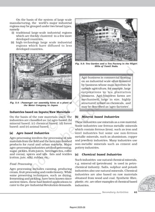 Secondary Activities 41
On the basis of the system of large scale
manufacturing, the world’s major industrial
regions may be grouped under two broad types,
namely
(i) traditional large-scale industrial regions
which are thickly clustered in a few more
developed countries.
(ii) high-technology large scale industrial
regions which have diffused to less
developed countries.
Industries based on Inputs/Raw Materials
On the basis of the raw materials used, the
industries are classified as: (a) agro-based; (b)
mineral based; (c) chemical based; (d) forest
based: and (e) animal based.
(a) Agro based Industries
Agro processing involves the processing of raw
materials from the field and the farm into finished
products for rural and urban markets. Major
agro-processing industries are food processing,
sugar, pickles, fruits juices, beverages (tea, coffee
and cocoa), spices and oils fats and textiles
(cotton, jute, silk), rubber, etc.
Food Processing
Agro processing includes canning, producing
cream, fruit processing and confectionery. While
some preserving techniques, such as drying,
fermenting and pickling, have been known since
ancient times, these had limited applications to
cater to the pre-Industrial Revolution demands.
Fig. 5.4 : Passenger car assembly hires at a plant of
the Motor Company in Japan
Agri-business is commercial farming
on an industrial scale often financed
by business whose main interests lie
outside agriculture, for example, large
corporations in tea plantation
business. Agri-business farms are
mechanised, large in size, highly
structured, reliant on chemicals, and
may be described as ‘agro-factories’.
(b) Mineral based Industries
These industries use minerals as a raw material.
Some industries use ferrous metallic minerals
which contain ferrous (iron), such as iron and
steel industries but some use non-ferrous
metallic minerals, such as aluminium, copper
and jewellery industries. Many industries use
non-metallic minerals such as cement and
pottery industries.
(c) Chemical based Industries
Such industries use natural chemical minerals,
e.g. mineral-oil (petroleum) is used in petro-
chemical industry. Salts, sulphur and potash
industries also use natural minerals. Chemical
industries are also based on raw materials
obtained from wood and coal. Synthetic fibre,
plastic, etc. are other examples of chemical based
industries.
Fig. 5.5: Tea Garden and a Tea Factory in the Nilgiri
Hills of Tamil Nadu
Reprint 2025-26
 