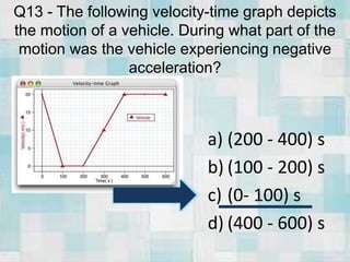 Q13 - The following velocity-time graph depicts
the motion of a vehicle. During what part of the
motion was the vehicle experiencing negative
acceleration?
a) (200 - 400) s
b) (100 - 200) s
c) (0- 100) s
d) (400 - 600) s
 