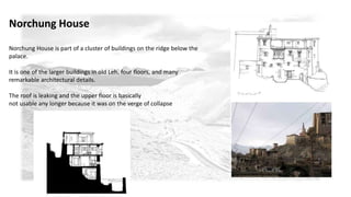 Norchung House 
Norchung House is part of a cluster of buildings on the ridge below the 
palace. 
It is one of the larger buildings in old Leh, four floors, and many 
remarkable architectural details. 
The roof is leaking and the upper floor is basically 
not usable any longer because it was on the verge of collapse 
 
