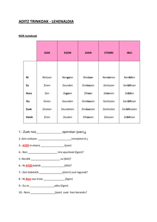 ADITZ TRINKOAK - LEHENALDIA


NOR motakoak




                     IZAN            EGON             JOAN        ETORRI        IBILI




      Ni           Nintzen          Nengoen          Nindoan     Nentorren    Nenbilen

      Zu            Zinen           Zeunden         Zindoazen    Zentozen    Zenbiltzan

      Hura           Zen             Zegoen           Zihoan     Zetorren      Zebilen

      Gu            Ginen           Geunden         Gindoazen    Gentozen    Genbiltzan

      Zuek         Zineten         Zeundeten        Zindoazten   Zentozten   Zenbiltzaten

      Haiek          Ziren          Zeuden           Zihoazen     Zetozen     Zebiltzan




1.- Zuek noiz_______________ oporretan (joan) ¿

2.-Zein ordutan _______________________trena(etorri) ¿

3.- ATZO ni etxera ________________ (joan)

4.- Non ____________________ nire apunteak (Egon)?

5.-Nondik ____________________ zu (ibili)?

6.- Ni ATZO kaletik ________________(ibili)?

7.- Zein bidetatik ________________(etorri) zure lagunak?

8.- Ni Atzo oso triste _______________(Egon)

9.- Gu ez _________________ados (Egon)

10.- Nora _________________(joan) zuek hain berandu?
 