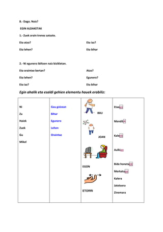 8.- Dago. Noiz?

EGIN ALDAKETAK

1.- Zuek orain trenez zatozte.

Eta atzo?                                    Eta iaz?

Eta lehen?                                   Eta bihar



2.- Ni egunero ibiltzen naiz bizikletan.

Eta oraintxe bertan?                         Atzo?

Eta lehen?                                   Egunero?

Eta iaz?                                     Eta bihar

Egin ahalik eta esaldi gehien elementu hauek erabiliz:


Ni                        Gau goizean                           Etxean

Zu                        Bihar                         IBILI

Haiek                     Egunero                               Menditik

Zuek                      Lehen

Gu                        Oraintxe                              Kaletik
                                                         JOAN
Mikel

                                                                Aulkian



                                                                Bide honetatik
                                           EGON
                                                                Merkatuan

                                                                Kalera

                                                                Jatetxera
                                           ETORRI
                                                                Zinemara
 