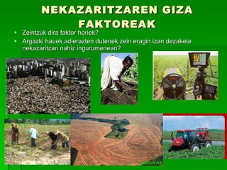 NEKAZARITZAREN GIZA FAKTOREAK Zeintzuk dira faktor horiek? Argazki hauek adierazten dutenek zein eragin izan dezakete nekazaritzan nahiz ingurumenean? 