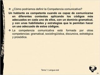  ¿Cómo podríamos definir la Competencia comunicativa?
Un hablante es competente cuando es capaz de comunicarse
en diferentes contextos aplicando los códigos más
adecuados en cada uno de ellos, con un dominio gramatical,
y con unas habilidades y estrategias que le permitan hacer
un uso adecuado de estos códigos.
 La competencia comunicativa está formada por otras
competencias: gramatical, sociolingüística, discursiva, estratégica
y prosódica.
24
Tema 1: Lengua oral
 