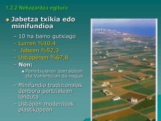 1.2.2 Nekazaritza egitura

   Jabetza txikia edo
    minifundioa
    –   10 ha baino gutxiago
    –   Lurren %10,4
    –    Jabeen %52,3
    –   Ustiapenen %67,8
    –   Non:
          Penintsulareniparraldean
          eta Vanlentzian da nagusi

    – Minifundio tradizionalak
      denbora partzialean
      landuta
    – Ustiapen modernoak
      plastikopean
 