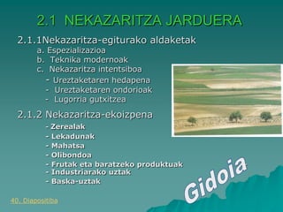 2.1 NEKAZARITZA JARDUERA
  2.1.1Nekazaritza-egiturako aldaketak
        a. Espezializazioa
        b. Teknika modernoak
        c. Nekazaritza intentsiboa
          - Ureztaketaren hedapena
          - Ureztaketaren ondorioak
          - Lugorria gutxitzea
  2.1.2 Nekazaritza-ekoizpena
           - Zerealak
           -   Lekadunak
           -   Mahatsa
           -   Olibondoa
           -   Frutak eta baratzeko produktuak   -
           -   Industriarako uztak
           -   Baska-uztak

40. Diapositiba
 