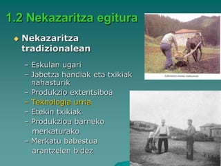 1.2 Nekazaritza egitura
    Nekazaritza
     tradizionalean
     – Eskulan ugari
     – Jabetza handiak eta txikiak
       nahasturik
     – Produkzio extentsiboa
     – Teknologia urria
     – Etekin txikiak
     – Produkzioa barneko
       merkaturako
     – Merkatu babestua
       arantzelen bidez
 