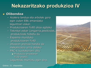 Nekazaritzako produkzioa IV
   Olibondoa
     – Azalera landua eta arbolak gora
       egin zuten EBk emandako
       laguntzari esker.
     – Produkzioaren %90 olioa egiteko
     – Teknikei esker (ongarria,pesitizdak,..)
        produkzioak hobetu du
     – Espainia munduko
        produkzioaren %40
     – Olioaren prezioa handia da
       mekanizazio urria delako
     – PAC-k kuotakezarri ditu
             Produkzio errealaren
              %20 azpitik
     – Laguntzak murriztu egin dira.

Gidoia: 21. diapostiba
 