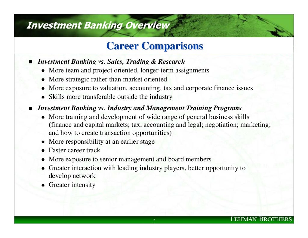 Investment Banking Overview Career Comparisons