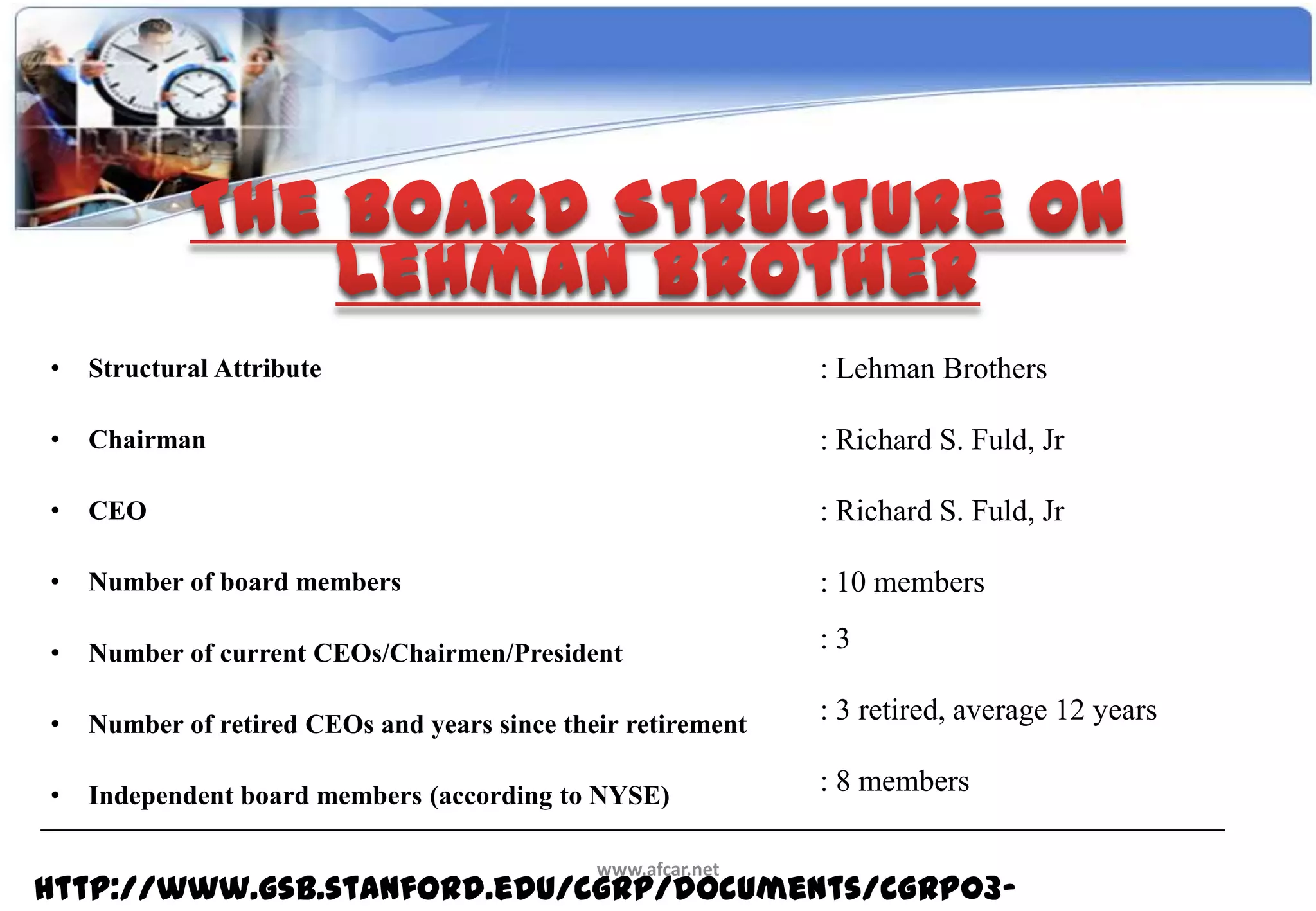 •   Structural Attribute                                      : Lehman Brothers

•   Chairman                                                  : Richard S. Fuld, Jr

•   CEO                                                       : Richard S. Fuld, Jr

•   Number of board members                                   : 10 members

•   Number of current CEOs/Chairmen/President
                                                              :3

•   Number of retired CEOs and years since their retirement
                                                              : 3 retired, average 12 years

•   Independent board members (according to NYSE)
                                                              : 8 members

                                              www.afcar.net
http://www.gsb.stanford.edu/cgrp/documents/CGRP03-
 