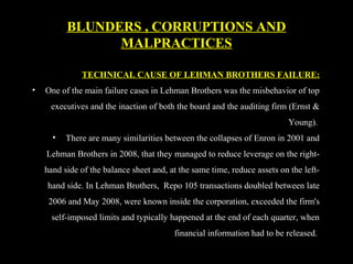 TECHNICAL CAUSE OF LEHMAN BROTHERS FAILURE:
• One of the main failure cases in Lehman Brothers was the misbehavior of top
executives and the inaction of both the board and the auditing firm (Ernst &
Young).
• There are many similarities between the collapses of Enron in 2001 and
Lehman Brothers in 2008, that they managed to reduce leverage on the right-
hand side of the balance sheet and, at the same time, reduce assets on the left-
hand side. In Lehman Brothers, Repo 105 transactions doubled between late
2006 and May 2008, were known inside the corporation, exceeded the firm's
self-imposed limits and typically happened at the end of each quarter, when
financial information had to be released.
BLUNDERS , CORRUPTIONS AND
MALPRACTICES
 