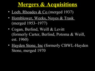 Mergers & Acquisitions
• Loeb, Rhoades & Co (merged 1937)
• Hornblower, Weeks, Noyes & Trask
(merged 1953–1977)
• Cogan, Berlind, Weill & Levitt
(formerly Carter, Berlind, Potoma & Weill,
est. 1960)
• Hayden Stone, Inc (formerly CBWL-Hayden
Stone, merged 1970
 