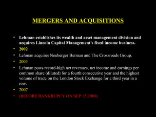 MERGERS AND ACQUISITIONS
• Lehman establishes its wealth and asset management division and
acquires Lincoln Capital Management's fixed income business.
• 2002
• Lehman acquires Neuberger Berman and The Crossroads Group.
• 2003
• Lehman posts record-high net revenues, net income and earnings per
common share (diluted) for a fourth consecutive year and the highest
volume of trade on the London Stock Exchange for a third year in a
row.
• 2007
• (BEFORE BANKRUPCY ON SEP 15,2008)
 