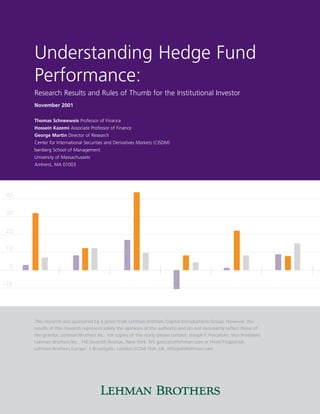 Understanding Hedge Fund
      Performance:
      Research Results and Rules of Thumb for the Institutional Investor
      November 2001

      Thomas Schneeweis Professor of Finance
      Hossein Kazemi Associate Professor of Finance
      George Martin Director of Research
      Center for International Securities and Derivatives Markets (CISDM)
      Isenberg School of Management
      University of Massachussets
      Amherst, MA 01003




40

30

20

10

 0

-10




      This research was sponsored by a grant from Lehman Brothers Capital Introductions Group. However, the
      results of this research represent solely the opinions of the author(s) and do not necessarily reflect those of
      the grantor, Lehman Brothers Inc. For copies of this study please contact: Joseph F. Pescatore, Vice President,
      Lehman Brothers Inc., 745 Seventh Avenue, New York, NY, jpescato@lehman.com or Heidi Fitzpatrick,
      Lehman Brothers Europe, 1 Broadgate, London EC2M 7HA, UK, hfitzpat@lehman.com
 