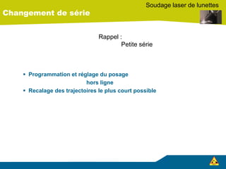 Changement de série
Soudage laser de lunettes
 Programmation et réglage du posage
hors ligne
 Recalage des trajectoires le plus court possible
Rappel :
Petite série
 