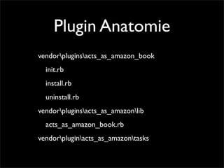 Plugin Anatomie
vendorpluginsacts_as_amazon_book
  init.rb
  install.rb
  uninstall.rb
vendorpluginsacts_as_amazonlib
  ac...