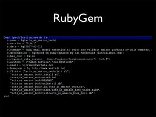 RubyGem

• gem build acts_as_amazon_book.gemspec
• => acts_as_amazon_book-0.0.1.gem
• gem install acts_as_amazon_book-0.0....