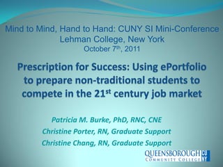 Mind to Mind, Hand to Hand: CUNY SI Mini-Conference
              Lehman College, New York
                    October 7th, 2011




          Patricia M. Burke, PhD, RNC, CNE
        Christine Porter, RN, Graduate Support
        Christine Chang, RN, Graduate Support
 