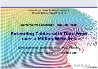 Slide 1 
International Semantic Web Conference 
Riva del Garda, Italy, 22.10.2014 
Semantic Web Challenge – Big Data Track...