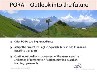 PORA! - Outlook into the future




‣   Oﬀer PORA! to a bigger audience

‣   Adapt the project for English, Spanish, Turki...