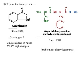 Since 1879
Since 1981
Carcinogen ?
(problem for phenylketonuria)
Causes cancer in rats in
VERY high dosages.
Still room for improvement…
 