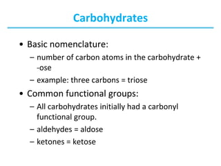 • Basic nomenclature:
– number of carbon atoms in the carbohydrate +
-ose
– example: three carbons = triose
• Common functional groups:
– All carbohydrates initially had a carbonyl
functional group.
– aldehydes = aldose
– ketones = ketose
Carbohydrates
 