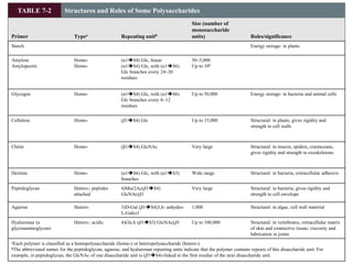 TABLE 7-2 Structures and Roles of Some Polysaccharides
Primer Typea Repeating unitb
Size (number of
monosaccharide
units) Roles/significance
Starch Energy storage: in plants
Amylose
Amylopectin
Homo-
Homo-
(α1S4) Glc, linear
(α1S4) Glc, with (α1S6)
Glc branches every 24–30
residues
50–5,000
Up to 106
Glycogen Homo- (α1S4) Glc, with (α1S6)
Glc branches every 8–12
residues
Up to 50,000 Energy storage: in bacteria and animal cells
Cellulose Homo- (β1S4) Glc Up to 15,000 Structural: in plants, gives rigidity and
strength to cell walls
Chitin Homo- (β1S4) GlcNAc Very large Structural: in insects, spiders, crustaceans,
gives rigidity and strength to exoskeletons
Dextran Homo- (α1S6) Glc, with (α1S3)
branches
Wide range Structural: in bacteria, extracellular adhesive
Peptidoglycan Hetero-; peptides
attached
4)Mur2Ac(β1S4)
GlcNAc(β1
Very large Structural: in bacteria, gives rigidity and
strength to cell envelope
Agarose Hetero- 3)D-Gal (β1S4)3,6- anhydro-
L-Gal(α1
1,000 Structural: in algae, cell wall material
Hyaluronan (a
glycosaminoglycan)
Hetero-; acidic 4)GlcA (β1S3) GlcNAc(β1 Up to 100,000 Structural: in vertebrates, extracellular matrix
of skin and connective tissue; viscosity and
lubrication in joints
aEach polymer is classified as a homopolysaccharide (homo-) or heteropolysaccharide (hetero-).
bThe abbreviated names for the peptidoglycan, agarose, and hyaluronan repeating units indicate that the polymer contains repeats of this disaccharide unit. For
example, in peptidoglycan, the GlcNAc of one disaccharide unit is (β1S4)-linked to the first residue of the next disaccharide unit.
 