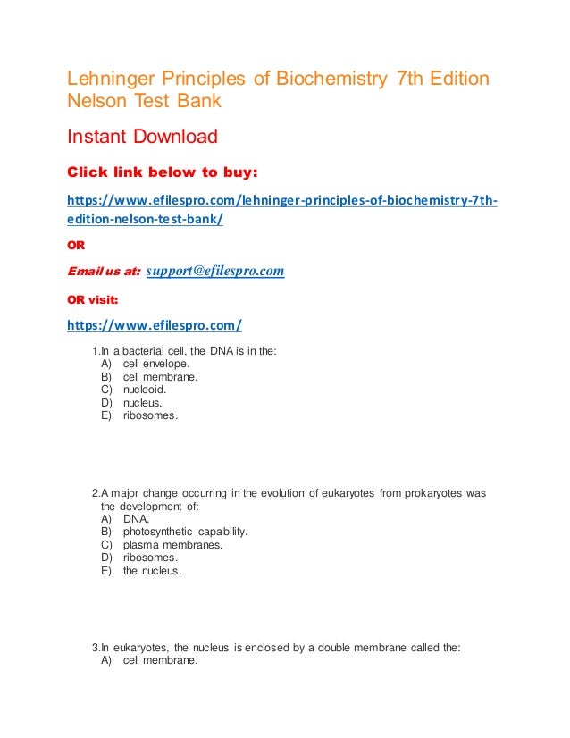 Lehninger Principles Of Biochemistry 7th Edition Nelson Test Bank