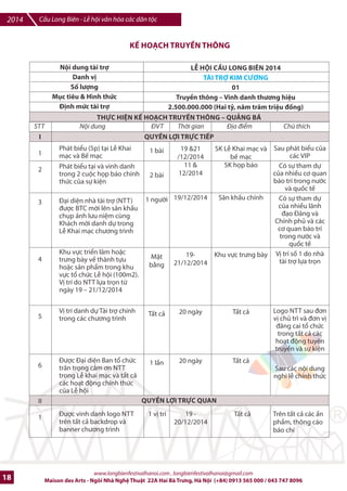 Cu Long Biên - L hi vn hóa các dân tc 2014 
24.wdêm trŒng CDu Long Biên| v#i chI /b: ~Kí lcR, ~Tình yêuR, ~Máu và hoaR, ~Hy vpngR, ~SHng!R, sJ /c tk 
chlc trong 2 /êm: 19  20/12/2014, ni hàng nghìn các bn tr„ Hà Ni sJ cùng soi /èn tìm vb mibn kí lc 
xa xa cIa Cây cFu R'ng lKch ss qua tCng nhKp, tCng b#c chân lên cFu. tCng blc kí hpa, tCng khung 
6nh, màu tranh. S% ki-n là chu†i phHi hp hot /ng giGa các nhóm bn tr„ /ang hot /ng mnh mJ 
trong lvnh v%c vn hóa, ngh- thut, lKch ss ti Hà Ni nh Tôi xê dKch, LFn h'i, Chuy-n kŠ. 
Giao lu ký hpa ~CFu Long Biên e Tình yêu còn mãiR e CLB Ki7n trúc Phng công 
www.longbienfestivalhanoi.com , longbienfestivalhanoi@gmail.com 
Maison des Arts - Ngôi Nhà Ngh Thut 22A Hai Bà Trng, Hà Ni (+84) 0913 565 000 / 043 747 8096 15 
 