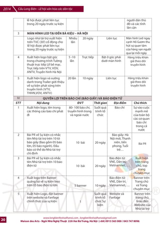 Cu Long Biên - L hi vn hóa các dân tc 2014 
Khu vực 
I, II, III, IV 
An toàn: 
B6o him, y t7: có các trm y t7 túc tr%c E hai /Fu cFu và bãi giGa sông 
H'ng. 
BH trí Ca-nô clu h trên sông. 
Huy /ng s% tham gia Ing h cIa mpi thành phFn và tFng l#p trong xã 
hi; các ngh- sv và ng=i dân có tác phm ngh- thut /óng góp cho L 
hi; các c quan ngoi giao, các ci sl quán có m^t ti Vi-t Nam... 
Liên k7t v#i Thành /oàn, các tk chlc hGu nghK cIa thành phH, các tr=ng 
/i hpc và THPT, THCS trên /Ka bàn, các b6o tàng, các hi và /oàn th, 
các hi Mv Thut, ... 
V/ D“ TRÙ KINH PHÍ TH“C HI•N: 8 T– d—NG 
L hi nhm phát trin các hot /ng du lKch cIa Hà Ni gDn v#i chng trình quHc gia vb phát trin kinh 
t7 xã hi, vn hóa, ngh- thut, mE rng hp tác quHc t7. L hi sJ 
c t ch=c trên tinh thFn Nhà n#c 
và Nhân dân cùng làm v#i toàn b kinh phí /c vn /ng xã hi hóa; 8m b8o trang tr:ng, ti7t ki4m và 
an toàn, t.o 2n t
ng sâu s0c, có s=c thuy7t ph,c, lan t?a sâu rng; huy /ng s% tham gia và Ing h cIa 
các c quan, ban ngành, mpi thành phFn và tFng l#p trong xã hi 
www.longbienfestivalhanoi.com , longbienfestivalhanoi@gmail.com 
Maison des Arts - Ngôi Nhà Ngh Thut 22A Hai Bà Trng, Hà Ni (+84) 0913 565 000 / 043 747 8096 17 
 