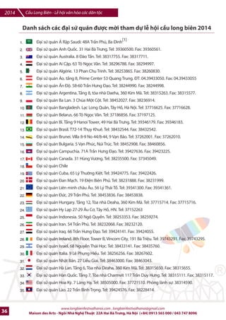 Cu Long Biên - L hi vn hóa các dân tc 2014 
Trijn lãm l`ch s… 1000 nm t` 
Thng Long .n Hà NLi v#i ttt cq 
các triku ]Xi và nhlng bi_n cr 
quan tr€ng qua 10 th_ kp và thmi kì 
tikn Thng Long trên suHt chibu dài 
cIa cây cFu Kí lc, gi#i thi-u cho t?t c6 
th7 h- ng=i dân hiu bi7t vb l`ch s… 
1000 nMm cSa dân tc Vit. 
Trên o.n cu m2t nhJp bOi chi7n 
tranh, th hi-n chI /b Gc mI cây 
cDu, trng bày trin lãm tác ph[m 
hi h€a trên cánh diku v#i 90 con 
diku sáo, Hc tr'ng cho vn hoá 
ng bJng BKc BL, mang thông 
ip vN hòa bình cSa thS ô. 
Tái hin cuc srng ngmi Tràng 
An v#i các làn ]iu dân ca quan 
h€ và nhGng gánh crm làng Vòng 
trên cây cFu trong hai ngày hi 
Trijn lãm 300 bWc tranh thi_u nhi 
các tpnh mikn BŒc tham d% festival 
cFu Long Biên qua hot /ng cIa 
nhóm thanh niên tr phát ]ng tn 
chWc cho các em thi_u nhi vùng 
sâu vùng xa. 
www.longbienfestivalhanoi.com , longbienfestivalhanoi@gmail.com 
Maison des Arts - Ngôi Nhà Ngh Thut 22A Hai Bà Trng, Hà Ni (+84) 0913 565 000 / 043 747 8096 33 
 