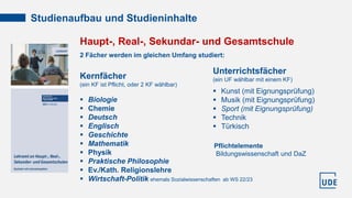 Studienaufbau und Studieninhalte
Pflichtelemente
Bildungswissenschaft und DaZ
Haupt-, Real-, Sekundar- und Gesamtschule
2 ...
