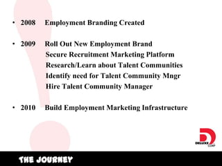 • 2008   Employment Branding Created

• 2009   Roll Out New Employment Brand
         Secure Recruitment Marketing Platfor...