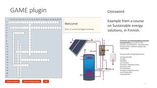 GAME plugin
13
Crossword
Example from a course
on Sustainable energy
solutions, in Finnish.
 