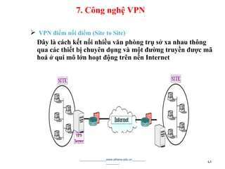  VPN điểm nối điểm (Site to Site)
Đây là cách kết nối nhiều văn phòng trụ sở xa nhau thông
qua các thiết bị chuyên dụng và một đường truyền được mã
hoá ở qui mô lớn hoạt động trên nền Internet
________________www.athena.edu.vn________
________ 42
7. Công nghệ VPN
 