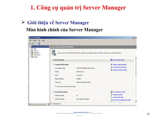  Giới thiệu về Server Manager
Màn hình chính của Server Manager
________________www.athena.edu.vn___________
_____
57
1. Công cụ quản trị Server Manager
 